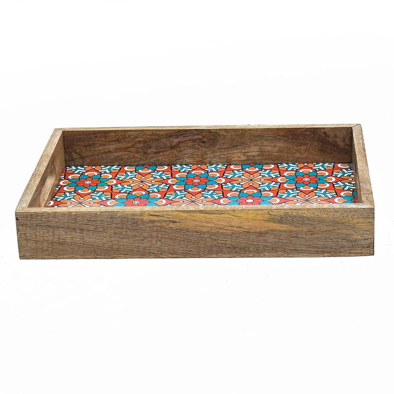 OGGN Multi Printed Wooden Serving Tray, Handmade Mango Wood Platter with Handles, Rectangular Tea Breakfast Wood Plate, Trays for Kitchen, Dining Table (14 X 9 Inch) - Image 4