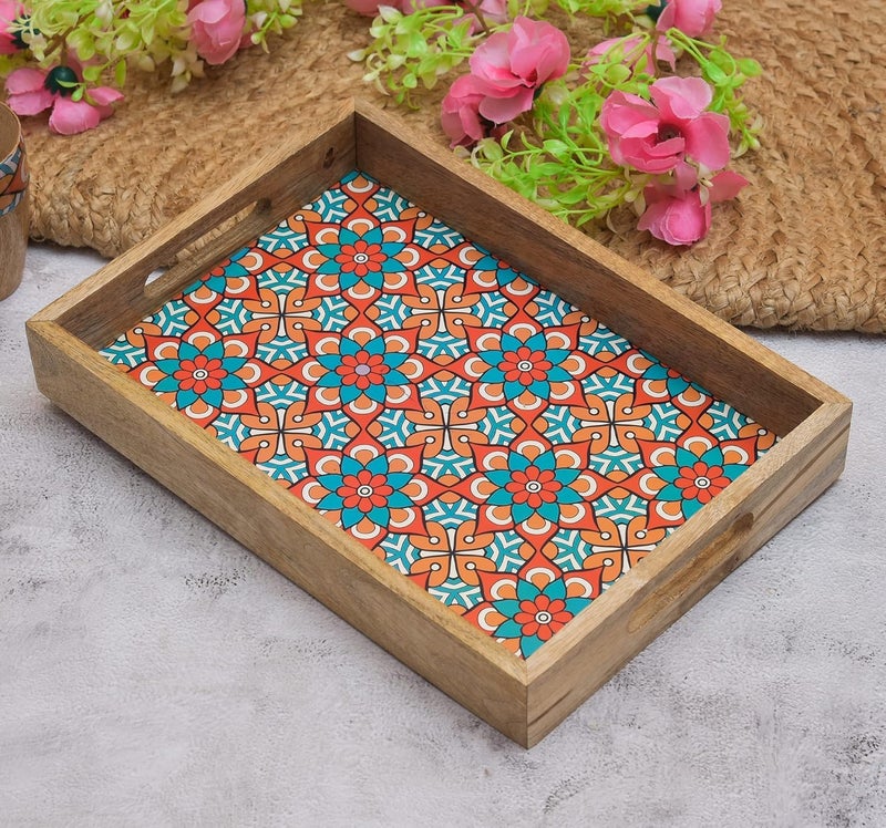 OGGN Multi Printed Wooden Serving Tray, Handmade Mango Wood Platter with Handles, Rectangular Tea Breakfast Wood Plate, Trays for Kitchen, Dining Table (14 X 9 Inch) - Image 1