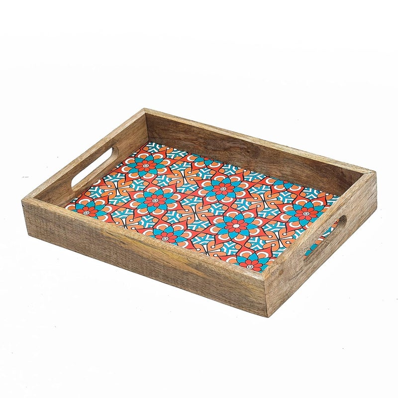 OGGN Multi Printed Wooden Serving Tray, Handmade Mango Wood Platter with Handles, Rectangular Tea Breakfast Wood Plate, Trays for Kitchen, Dining Table (14 X 9 Inch) - Image 2
