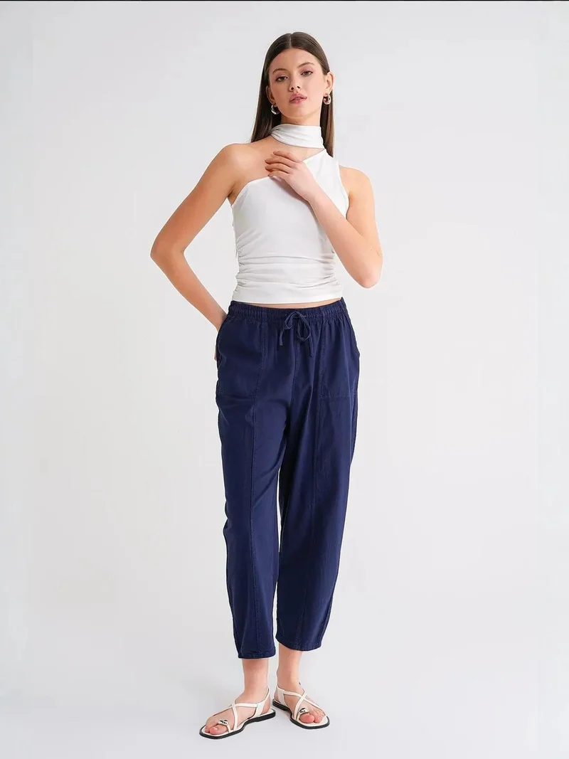 MixRay Navy Blue Mixray Cotton Jogger Pants with Drawstring Waist for Women | Best Price UAE