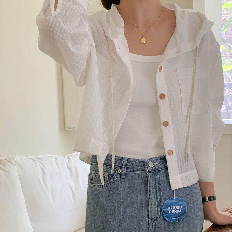2024 Summer Striped Color Block Short Loose Hooded Ladies Shirt Blue  - Image 2