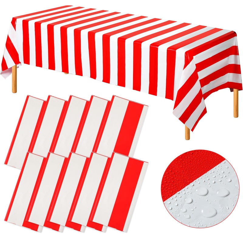 Batiyeer 10 Pcs Carnival Circus Tablecloth Red and White Striped Tablecloth Plastic Rectangle Table Cover Waterproof for Party Decoration Home Kitchen Holiday Picnic 54 x 108 Inches