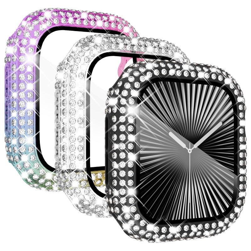 KADES 3-Pack Bling Cases Compatible with Apple Watch Case 44mm Full Diamond with Built-in Screen Protector for Apple Watch Series SE3 SE2 6 5 4 SE (44mm, Black/Iridescent/Clear) - Image 1