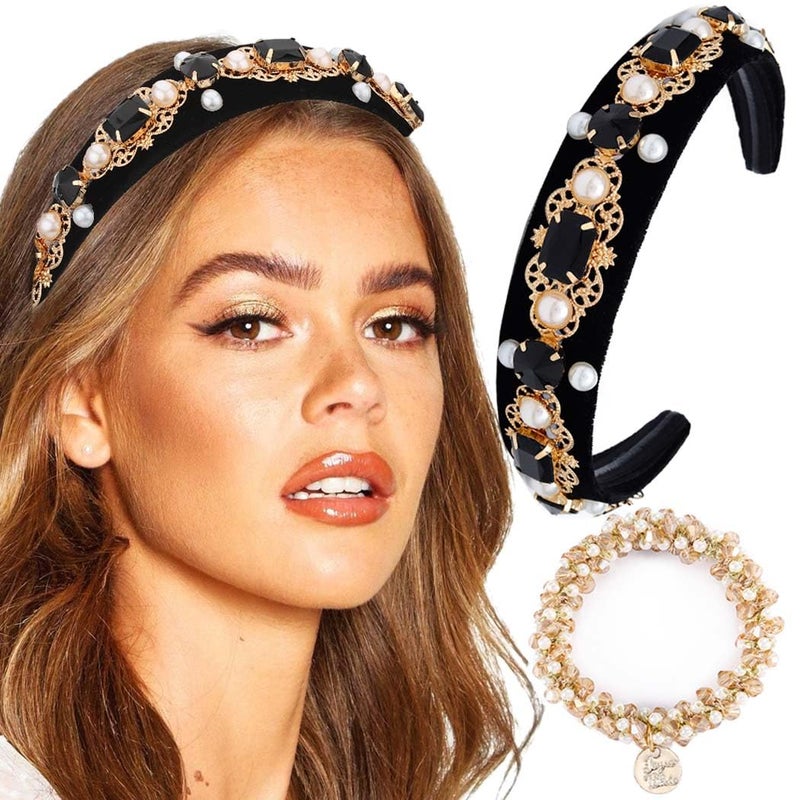 Firuilo Baroque Wide Headbands Black Rhinestones Hairband with Beaded Hair Ties Crystal Pearl Hair Hoop for Women Type A