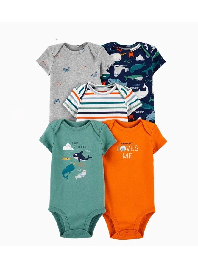 5 Piece Baby Boys Girls Bodysuit Set Soft Breathable Summer Baby Bodysuit Half Sleeve Onesie Pajama  Set