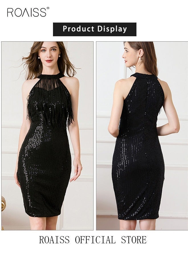 رويس فستان حفلات الولائم للنساء فساتين السهرة رسن الرقبة الترتر طول الركبة بدون أكمام حفلة موسيقية ثوب الزفاف أنيقة ضئيلة فساتين رسمية فستان وصيفة العروس أسود - Image 5