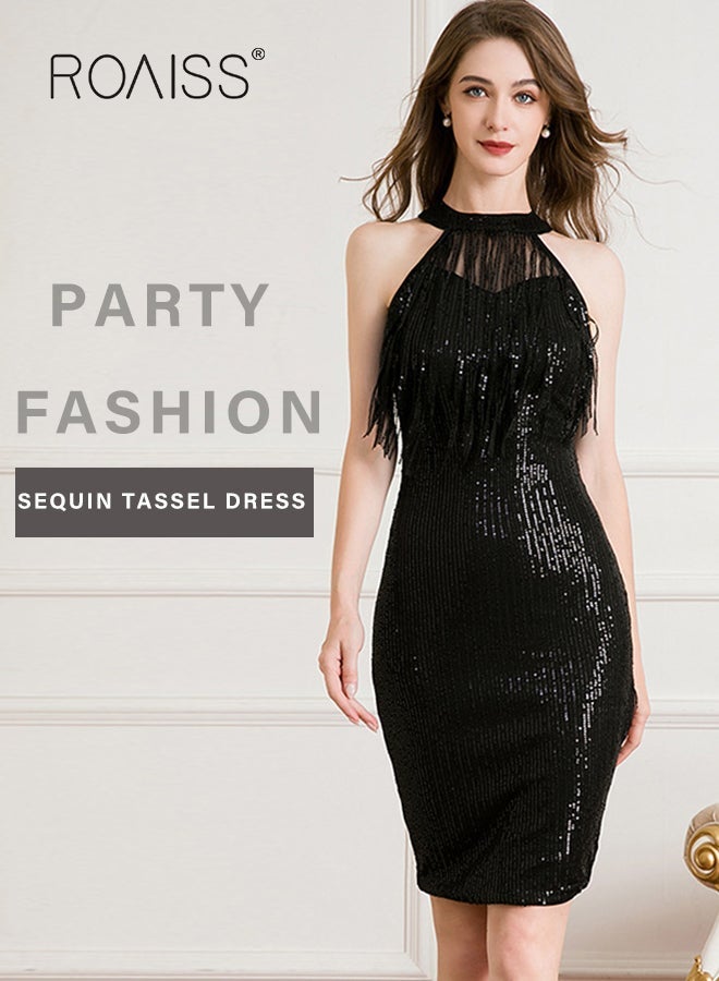 رويس فستان حفلات الولائم للنساء فساتين السهرة رسن الرقبة الترتر طول الركبة بدون أكمام حفلة موسيقية ثوب الزفاف أنيقة ضئيلة فساتين رسمية فستان وصيفة العروس أسود - Image 3