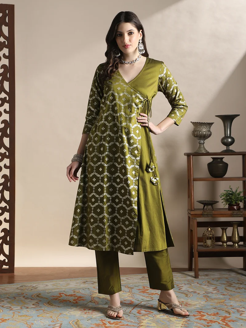 Globus Women Olive V-Neck Floral Foil Print Angrakha A-Line Kurta With Pants Festive Set
