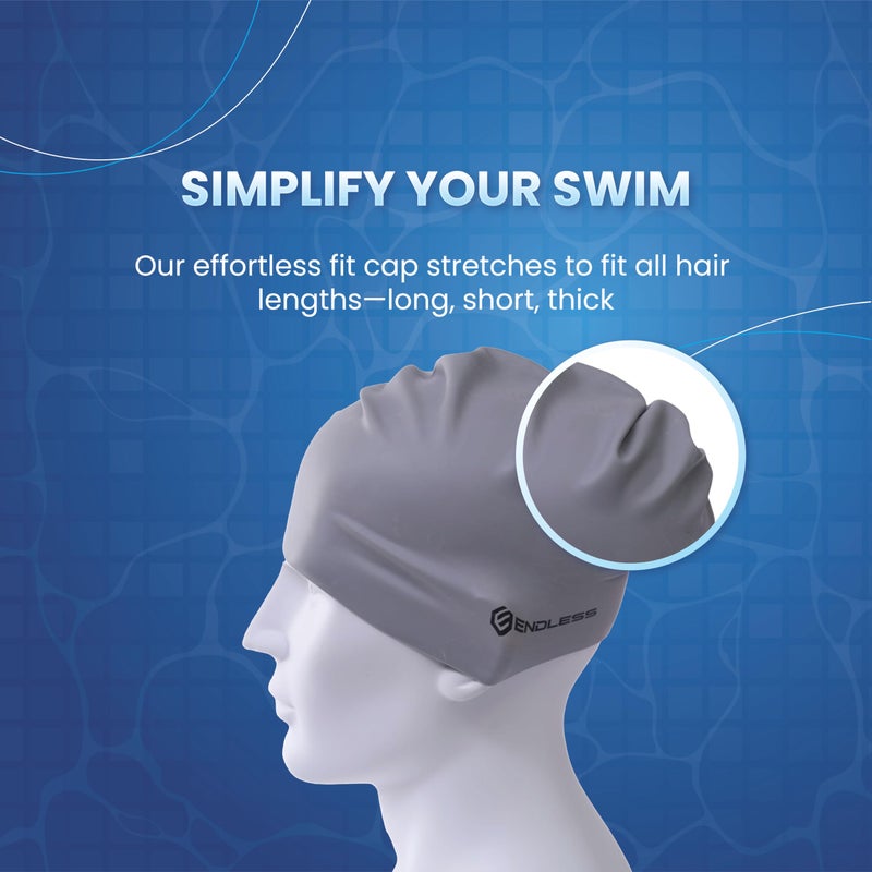 Endless EL1019 Classic Comfortable Plain Silicon Swimming Cap | Silver | Material : Silicon | Elastic Waterproof Swimming Cap for Long and Short Hair with Thicker Edge | For Adults, Women and Men - Image 3