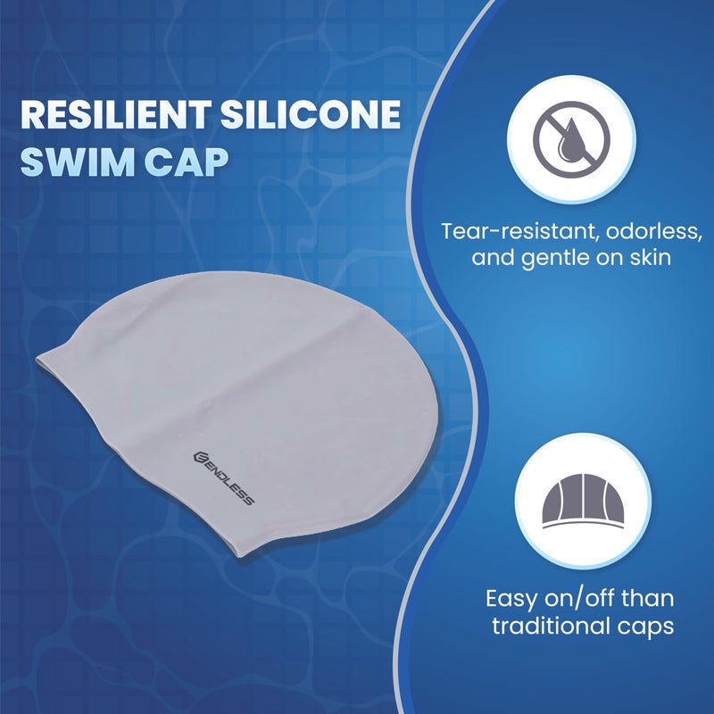 Endless EL1019 Classic Comfortable Plain Silicon Swimming Cap | Silver | Material : Silicon | Elastic Waterproof Swimming Cap for Long and Short Hair with Thicker Edge | For Adults, Women and Men - Image 2