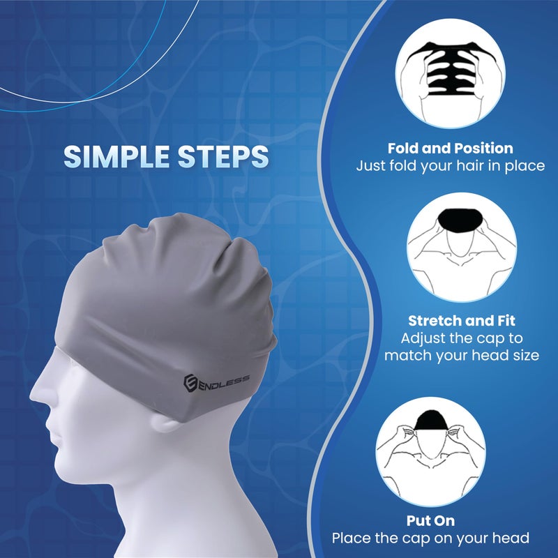 Endless EL1019 Classic Comfortable Plain Silicon Swimming Cap | Silver | Material : Silicon | Elastic Waterproof Swimming Cap for Long and Short Hair with Thicker Edge | For Adults, Women and Men - Image 4