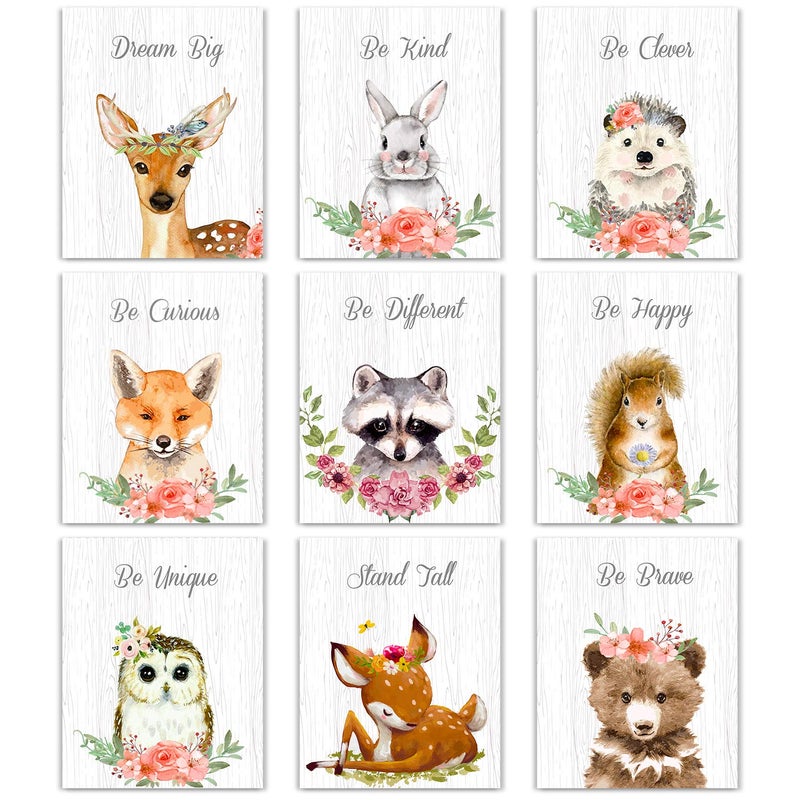 Outus 9 Pieces Woodland Nursery Wall Art Prints Cute Woodland Floral Crown Animals Motivational Posters Pictures Wall Decor for Baby Kids Room Home Decorations (Unframed, 8 x 10 Inch) - Image 1