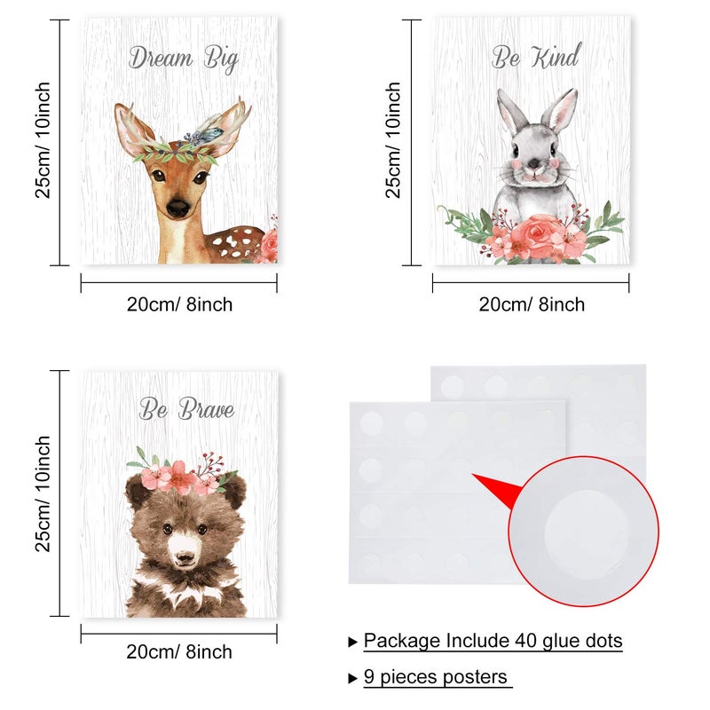 Outus 9 Pieces Woodland Nursery Wall Art Prints Cute Woodland Floral Crown Animals Motivational Posters Pictures Wall Decor for Baby Kids Room Home Decorations (Unframed, 8 x 10 Inch) - Image 2