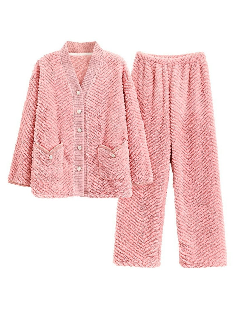 Loquat Women's Solid Color Flannel Thickened 2-Piece Set Loose Nightgown Sleepwear Long Sleeve V-Neck Top And Pants Soft Loungewear Wear Warm Pajamas Suit Pink  - Image 3