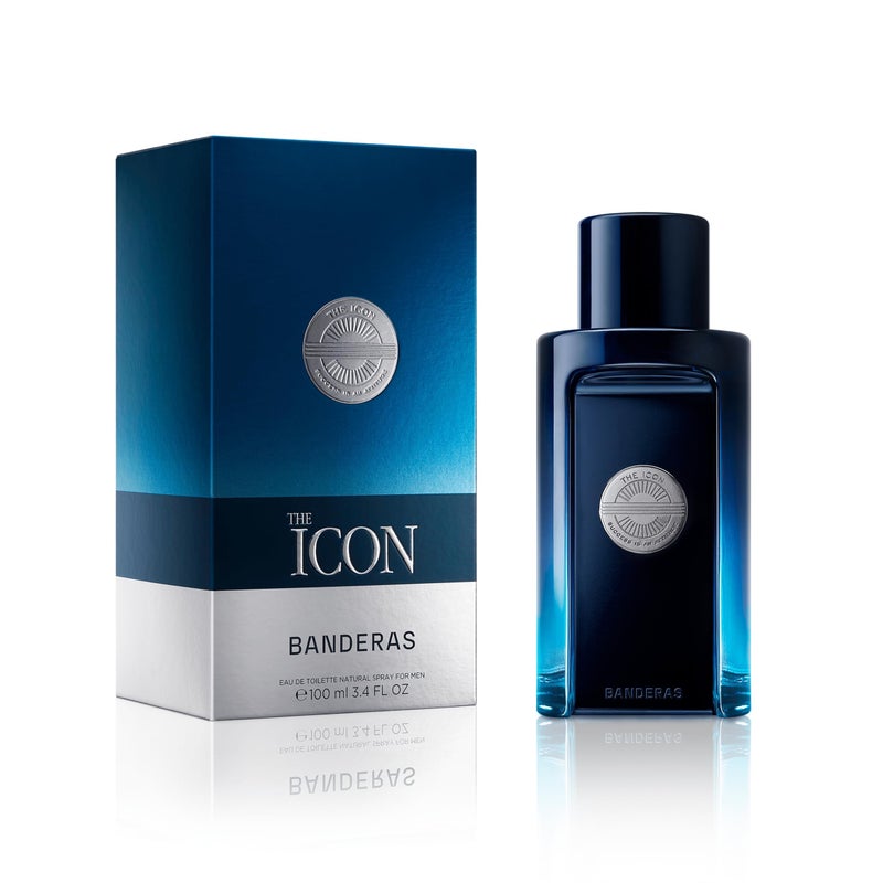 بانديراس ذا آيكون أو دو تواليت للرجال عطر يدوم طويلاً ذكوري أنيق عصري وجذاب برائحة خشب العنبر وخشب الصندل مثالي للمناسبات الخاصة 34 أونصة سائلة