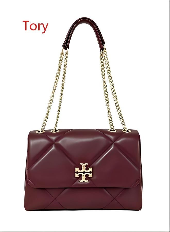 Tory Brown diamond-patterned shoulder bag with gold chain strap and classic logo - Image 1