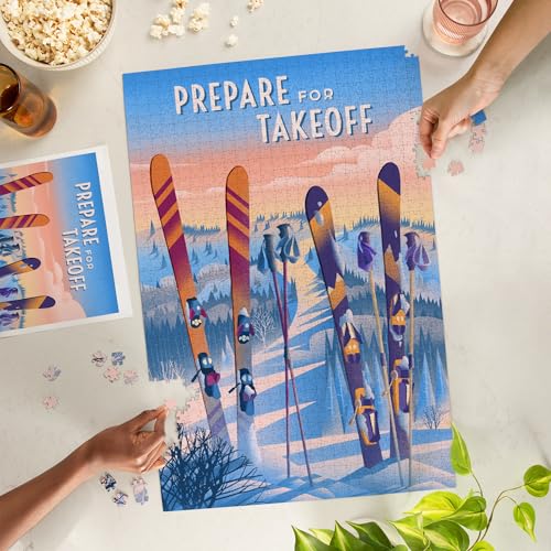 Lantern Press Prepare for Takeoff Ski Puzzle 1000 Piece Jigsaw by Lantern Press HandDrawn Winter Scene Retro Ski Design Made in USA Matte Finish on Linen Paper - Image 5