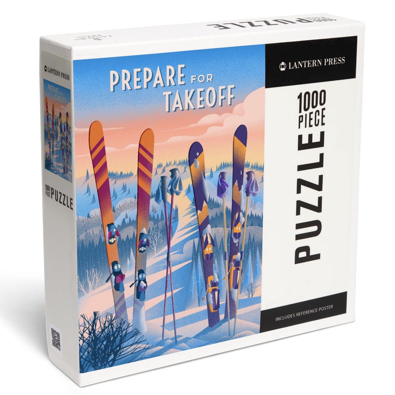 Lantern Press Prepare for Takeoff Ski Puzzle 1000 Piece Jigsaw by Lantern Press HandDrawn Winter Scene Retro Ski Design Made in USA Matte Finish on Linen Paper - Image 3