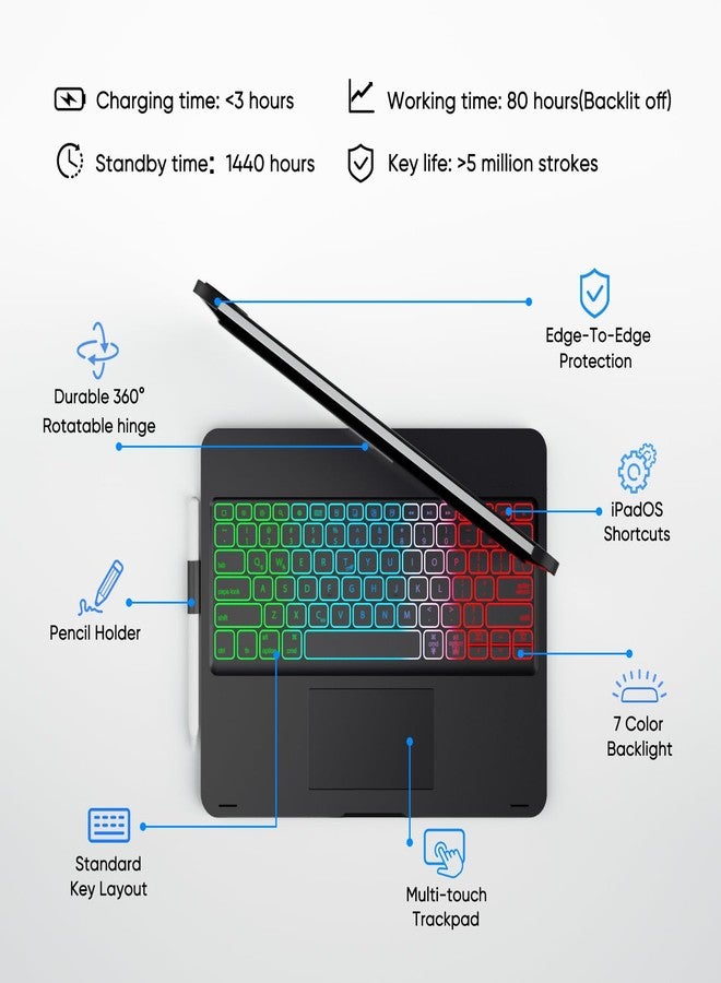 doqo iPad Pro 11 inch (M5 2025 / M4 2024) Case with Keyboard,Keyboard case for iPad Pro 11 M4 M5 with Multi-Touch Trackpad, 7 Colors Backlight & 360°Rotatable,Thin&Light Black - Image 5