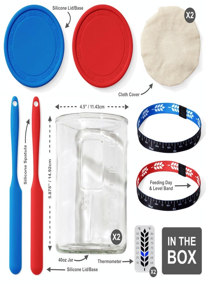 BALCI Premium Sourdough Starter Jar - 40oz Large Sourdough Jar with Marked Feeding Band, Thermometer, Scraper, Cloth Cover and Silicone Lid/Base, Wide Mouth Sourdough Starter Kit - Blue/Red - Image 2