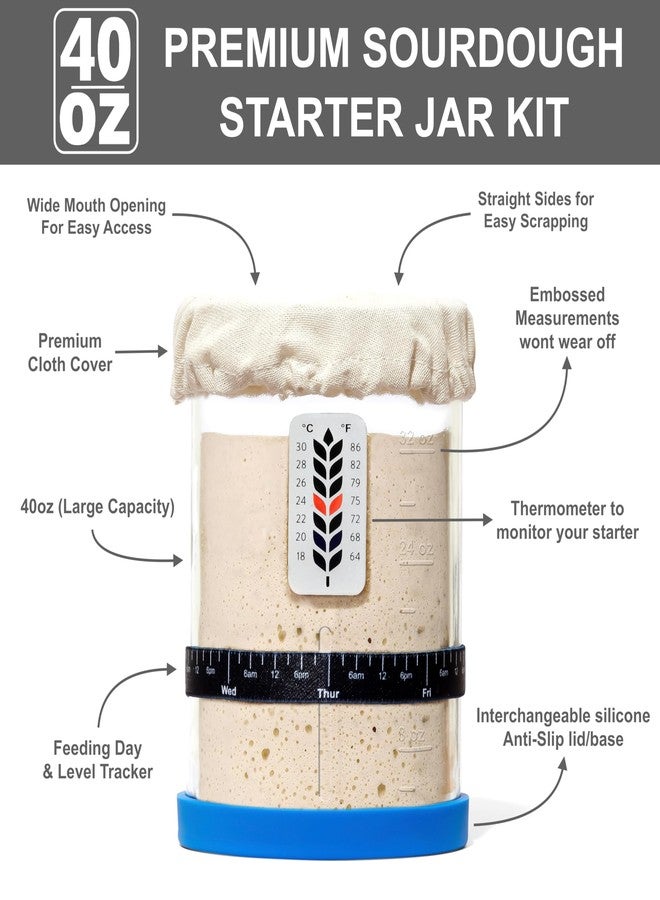 BALCI Premium Sourdough Starter Jar - 40oz Large Sourdough Jar with Marked Feeding Band, Thermometer, Scraper, Cloth Cover and Silicone Lid/Base, Wide Mouth Sourdough Starter Kit - Blue/Red - Image 4