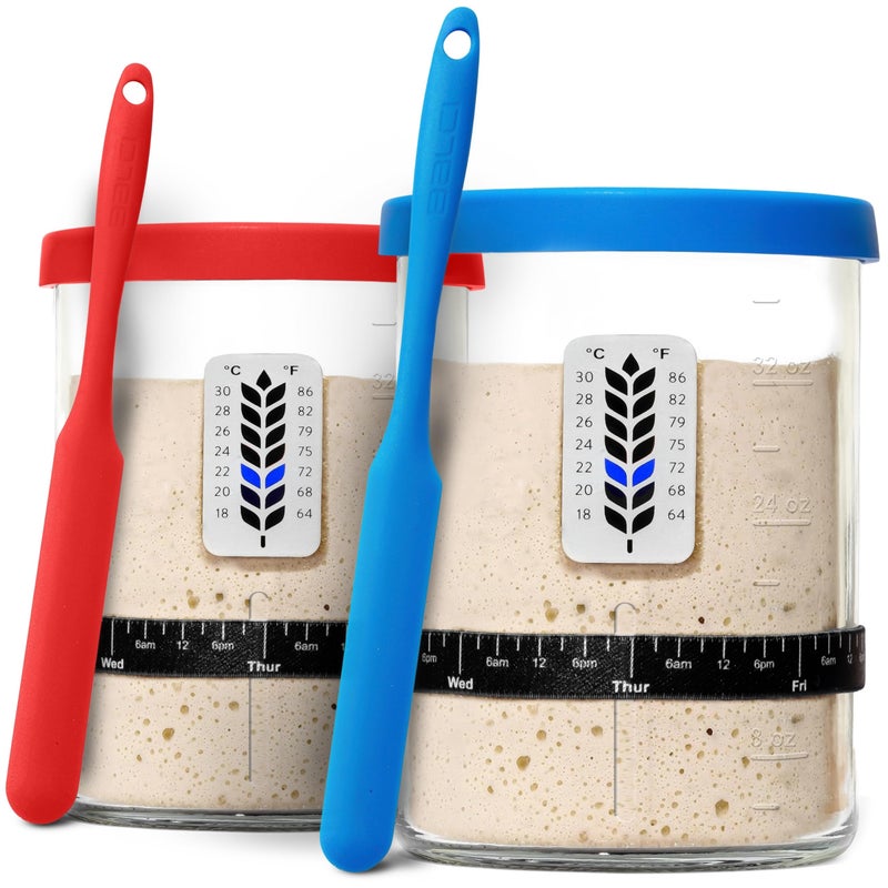 BALCI Premium Sourdough Starter Jar - 40oz Large Sourdough Jar with Marked Feeding Band, Thermometer, Scraper, Cloth Cover and Silicone Lid/Base, Wide Mouth Sourdough Starter Kit - Blue/Red - Image 1