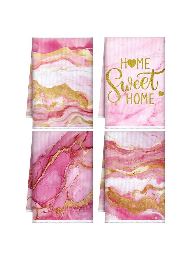 Geyoga 4 Pcs Marble Kitchen Towels Gold Green Black Marble Tea Towels Absorbent White Blue Dish Towel 24 x 16 in Kitchen Gifts Hand Towel Gifts for Farmhouse Bathroom Summer Decorations(Pink) - Image 1