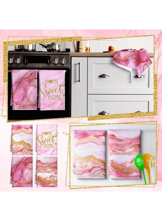 Geyoga 4 Pcs Marble Kitchen Towels Gold Green Black Marble Tea Towels Absorbent White Blue Dish Towel 24 x 16 in Kitchen Gifts Hand Towel Gifts for Farmhouse Bathroom Summer Decorations(Pink) - Image 4