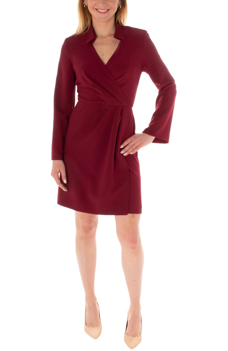 Taylor Dresses Women's Long Sleeve Pleated Collared Mini Dress, Burgundy,14