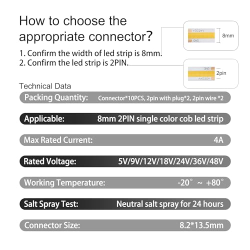 Tatazone 10pcs 2PIN Transparent COB Connectors for Single Color COB Light Strips Solerless Connection (0.31(8mm)-2PIN-FCOB) with 6pcs 15cm Long Wires - Image 2