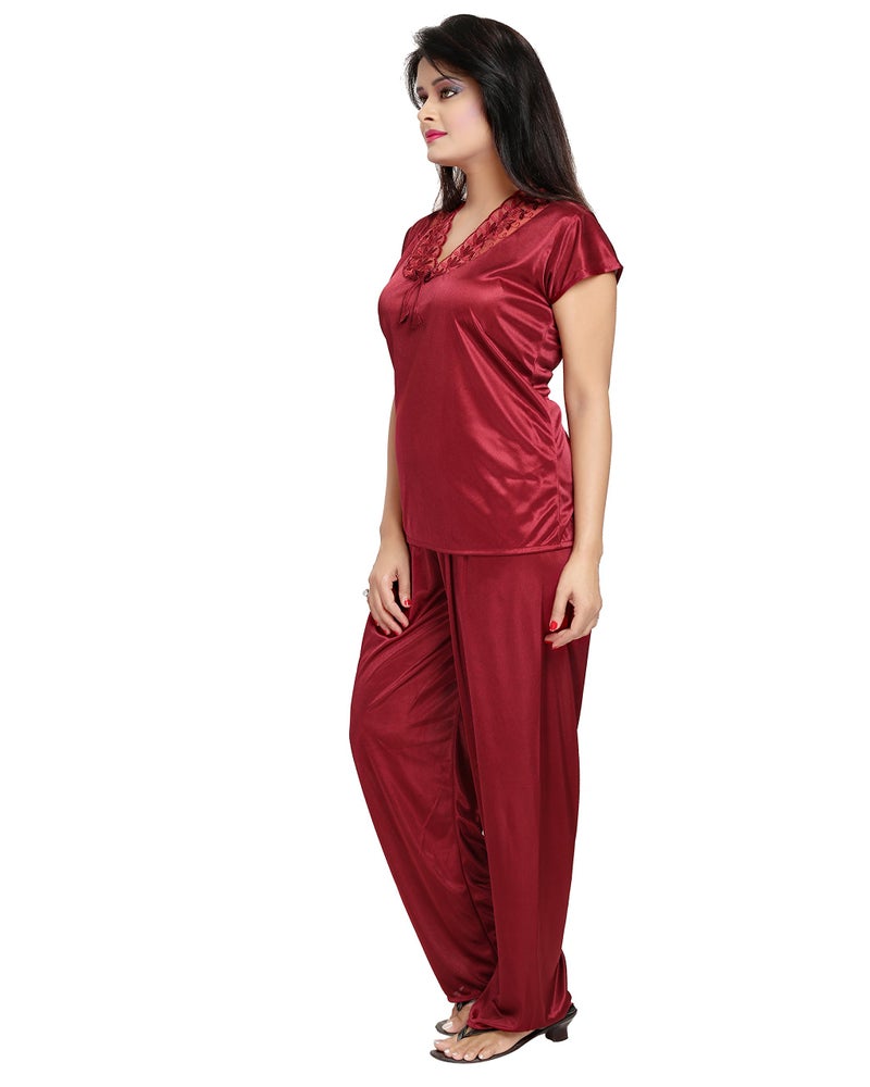 Noty Store Noty- Women's Satin Nighty, Robe, Top, Bottoms, Bra, Panty - Set of 6 (Maroon, Free Size) - Image 3