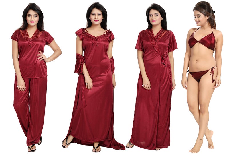 Noty Store Noty- Women's Satin Nighty, Robe, Top, Bottoms, Bra, Panty - Set of 6 (Maroon, Free Size) - Image 1