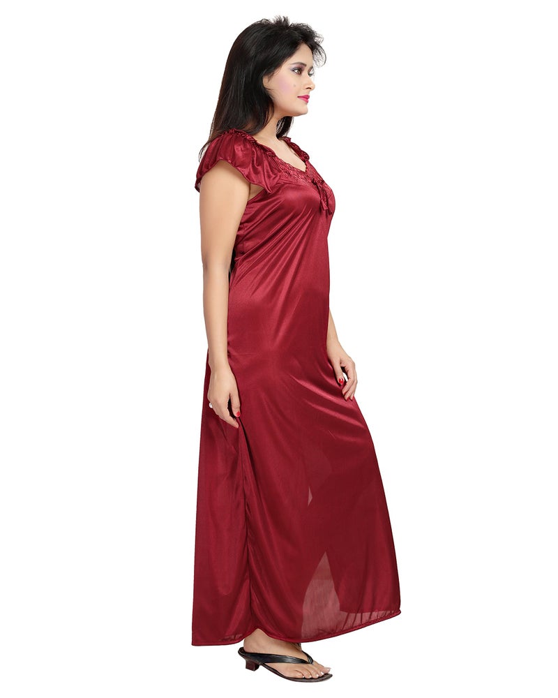 Noty Store Noty- Women's Satin Nighty, Robe, Top, Bottoms, Bra, Panty - Set of 6 (Maroon, Free Size) - Image 4