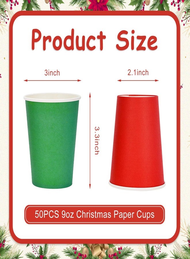 Whaline أكواب ورقية قابلة للتصرف من واهلين 50 قطعة 9 أونصات حمراء وخضراء لأكواب القهوة والشاي لأعياد الميلاد، أكواب مشروبات للأعياد، أكواب صغيرة للوجبات الخفيفة لتزيين حفلات عيد الميلاد - Image 2