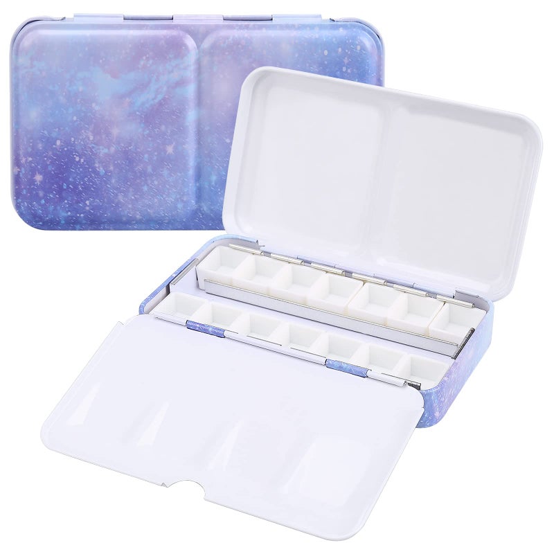 LOONENG Empty Watercolor Palette Empty Watercolor Tin with Fold Out Palette Small Purple Watercolor Tray Palette with 14 Empty Half Pans for Plein Air Painting and Sketching