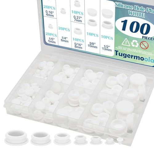 Tugermoola 100PCS 7 Sizes Small Silicone Hole Plug Rubber Plugs for Holes Assorted Sizes 1/5" 1/4" 5/16" 3/8" 1/2" Rubber Plug White - Image 1