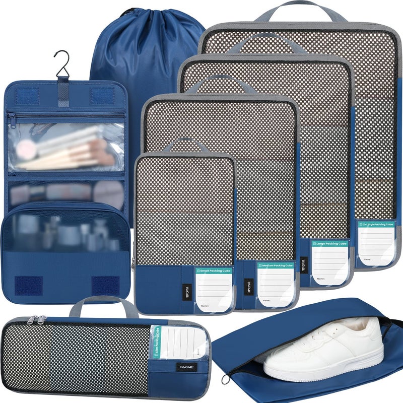 BAGAIL 4 Set/6 Set/8 Set Compression Packing Cubes Travel Accessories Expandable Packing Organizers(HalfMesh,8-Navy) - Image 1