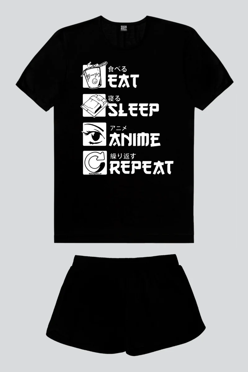Rock&Roll Always Anime Black Short Sleeve Women's Shorts Set