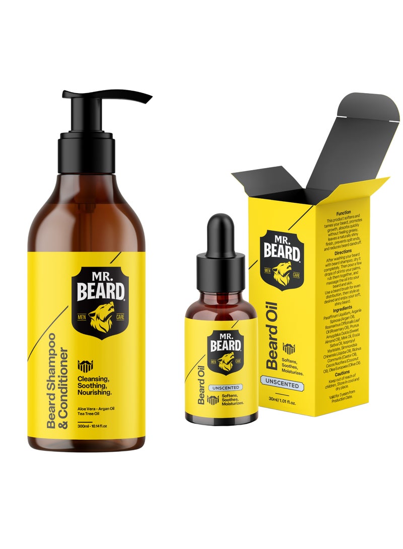 Mr.Beard Bundle Beard Shampoo and Conditioner 2 in 1 300ml + Unscented Beard Oil 30ml - Image 1