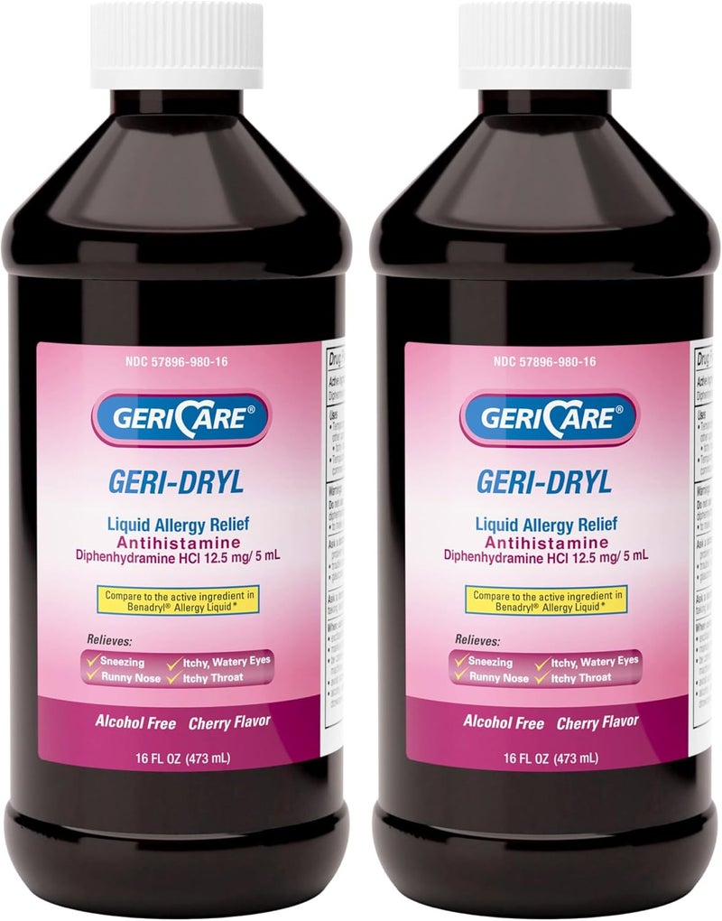 GeriCare Geri-Dryl Diphenhydramine HCI Solution - Antihistamine Liquid Multi-Symptom Allergy Relief Formula - Relieves Sneezing Runny Nose, Watery, Itchy Eyes & Throat, 16 FL OZ (Pack of 2)