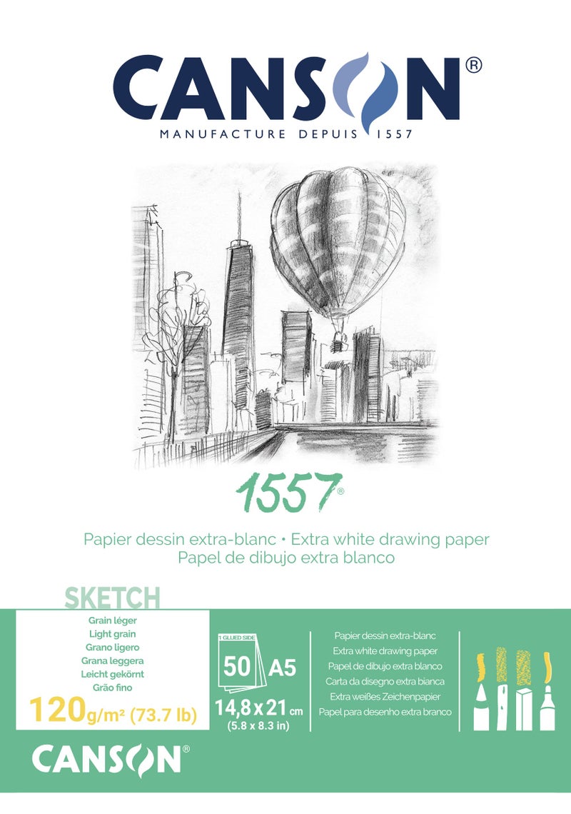 CANSON 1557 120gsm A4 White Sketch Paper Pad Light Grain Glued Short Side 50 Extra White Sheets Ideal for Professional Artists Students