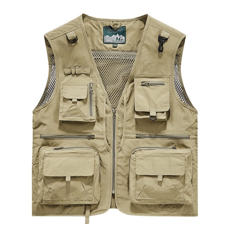 Cross-Border Wholesale Work Vest Mens Casual Work Outdoor Mountaineering Clothing Sleeveless Warm Multi-Functional Mesh See-Through Khaki - Image 1