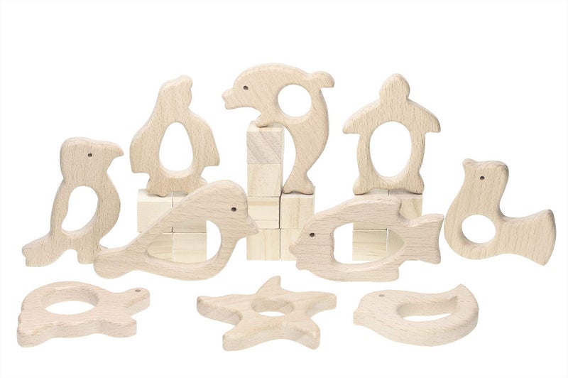 Penta Angel 10Pcs Wood Teething Rings Pain Relief Natural Wood Teething Toys Wooden Teether Animals for Infant Toddler Turtles Swallows Dolphins Starfish Pigeons Birds Woodpeckers Fish Turtle