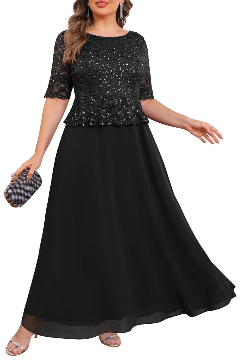 Talisea Plus Size Formal Dresses Black Mother of The Bride Evening Gowns Wedding Guest Sequin Lace Bodice Long Dress for Women - Image 1