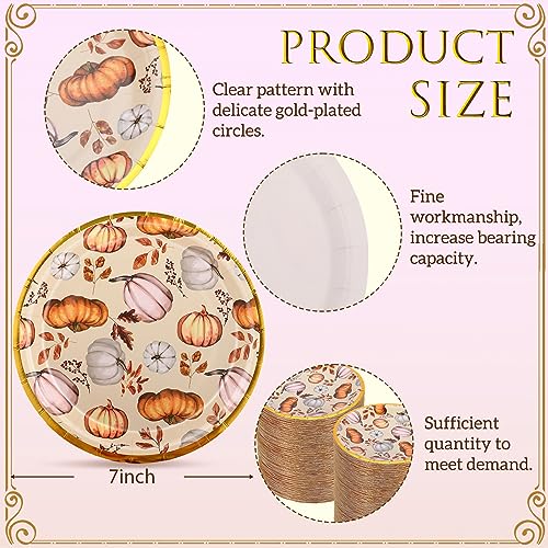 Uiifan 100 Pcs Thanksgiving Paper Plates 7 Inch Pumpkin Dessert Dinnerware Gold Foil Edge Round Disposable Serving Plate for Thanksgiving Dinner Dessert Birthday Anniversary Autumn Fall Party - Image 3