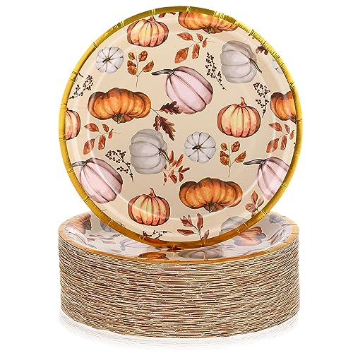 Uiifan 100 Pcs Thanksgiving Paper Plates 7 Inch Pumpkin Dessert Dinnerware Gold Foil Edge Round Disposable Serving Plate for Thanksgiving Dinner Dessert Birthday Anniversary Autumn Fall Party - Image 1