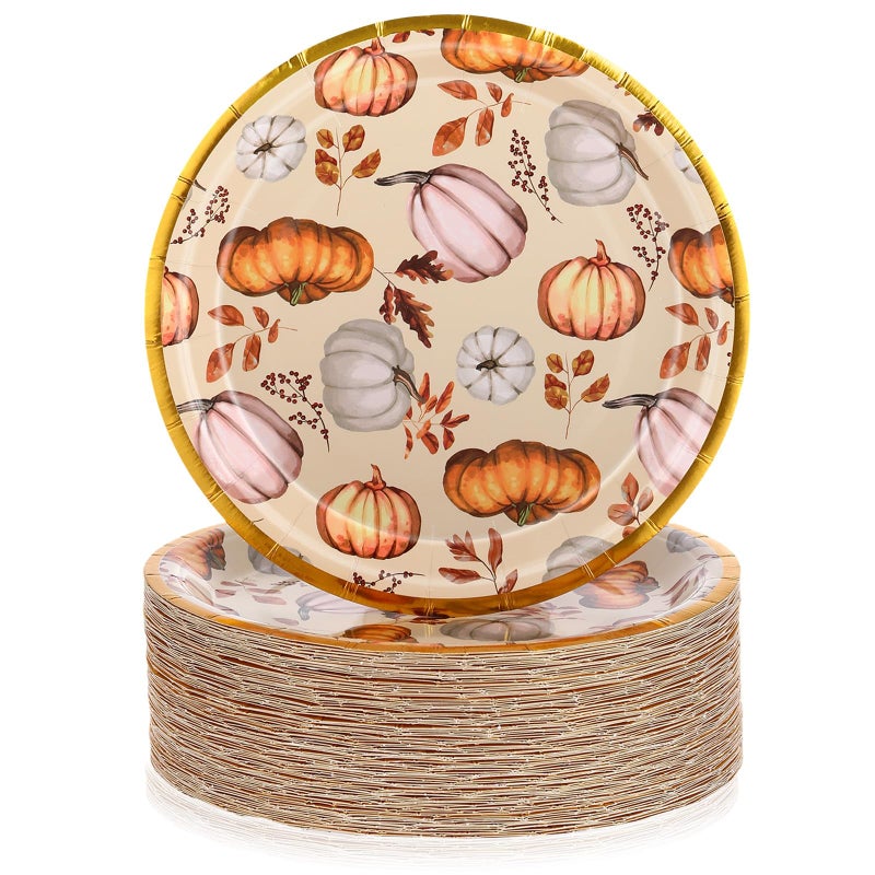 Uiifan 100 Pcs Thanksgiving Paper Plates 7 Inch Pumpkin Dessert Dinnerware Gold Foil Edge Round Disposable Serving Plate for Thanksgiving Dinner Dessert Birthday Anniversary Autumn Fall Party - Image 2