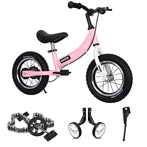 OHIIK Balance Bike 2 in 1 for Kids 2 3 4 5 6 7 Years OldBalance to Pedals Bike12 14 16 inch Kids Bikewith Pedal kitTraining WheelsBrakes Pink 12 inch - Image 1