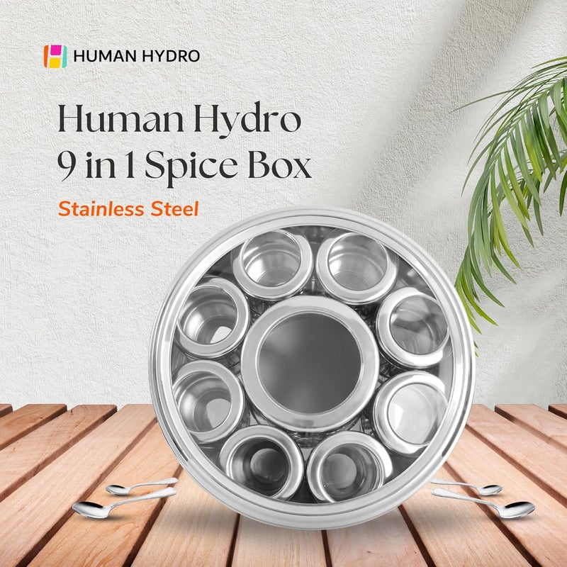 Human Hydro صندوق توابل من الفولاذ المقاوم للصدأ 9 في 1 | علبة توابل مع غطاء شفاف و 3 ملاعق | علبة توابل محكمة الإغلاق للتوابل والأعشاب والبهارات | داني توابل للمطبخ - Image 2