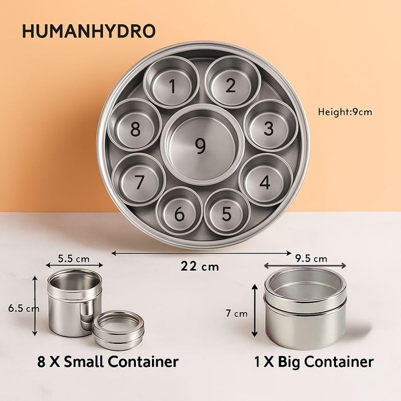 Human Hydro صندوق توابل من الفولاذ المقاوم للصدأ 9 في 1 | علبة توابل مع غطاء شفاف و 3 ملاعق | علبة توابل محكمة الإغلاق للتوابل والأعشاب والبهارات | داني توابل للمطبخ - Image 3